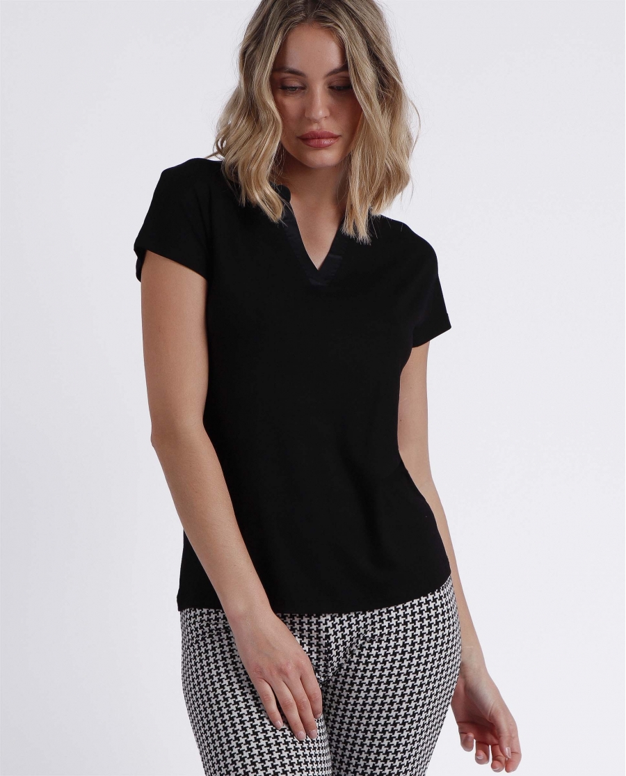ADMAS Camiseta Manga Corta Tapeta Raso para Mujer NEGRO