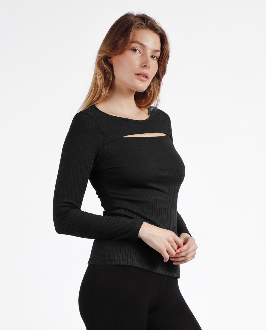 ADMAS Camiseta Manga Larga Calentita Rib Apertura para Mujer NEGRO