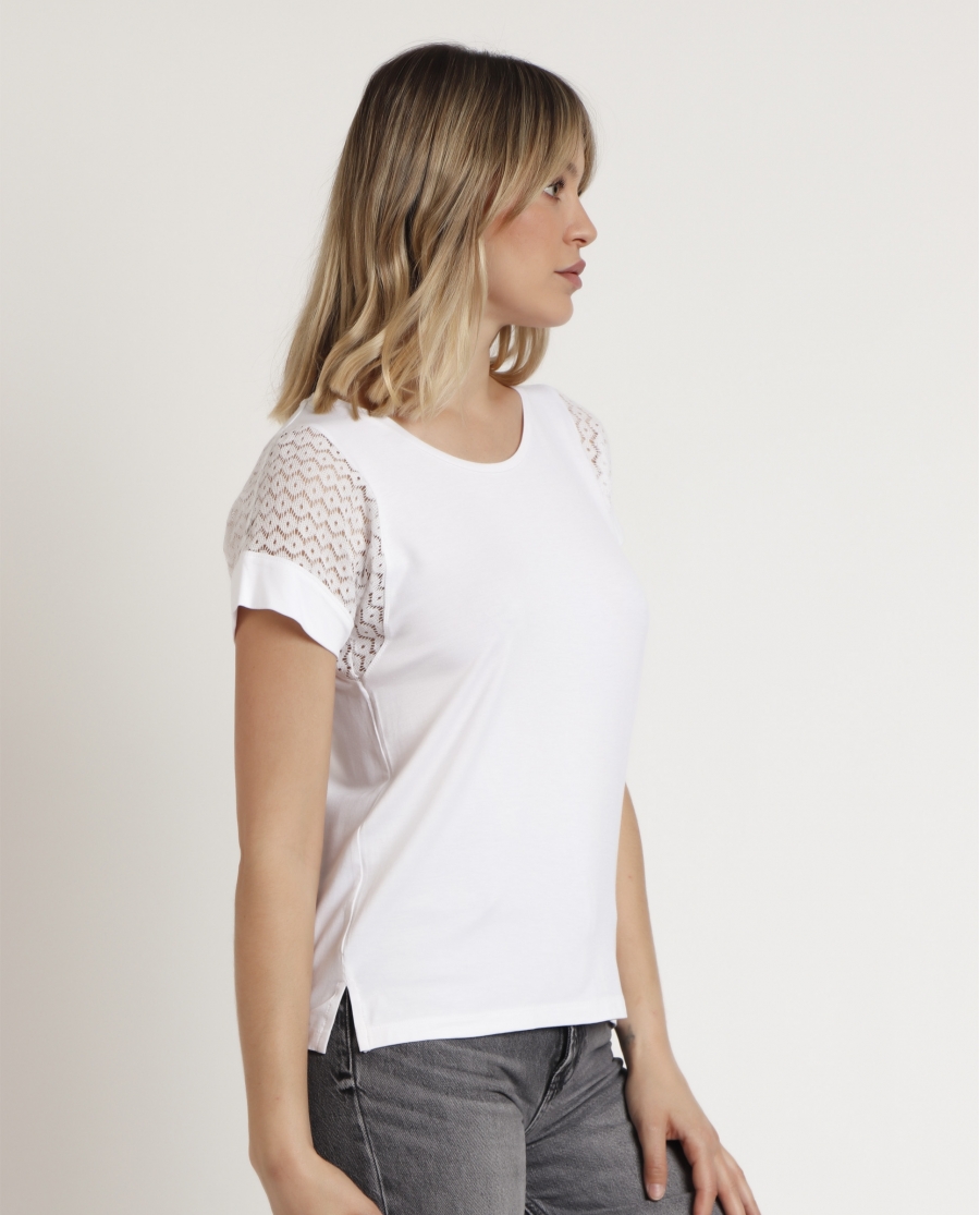 ADMAS Camiseta de Manga Corta Lace para Mujer BLANCO