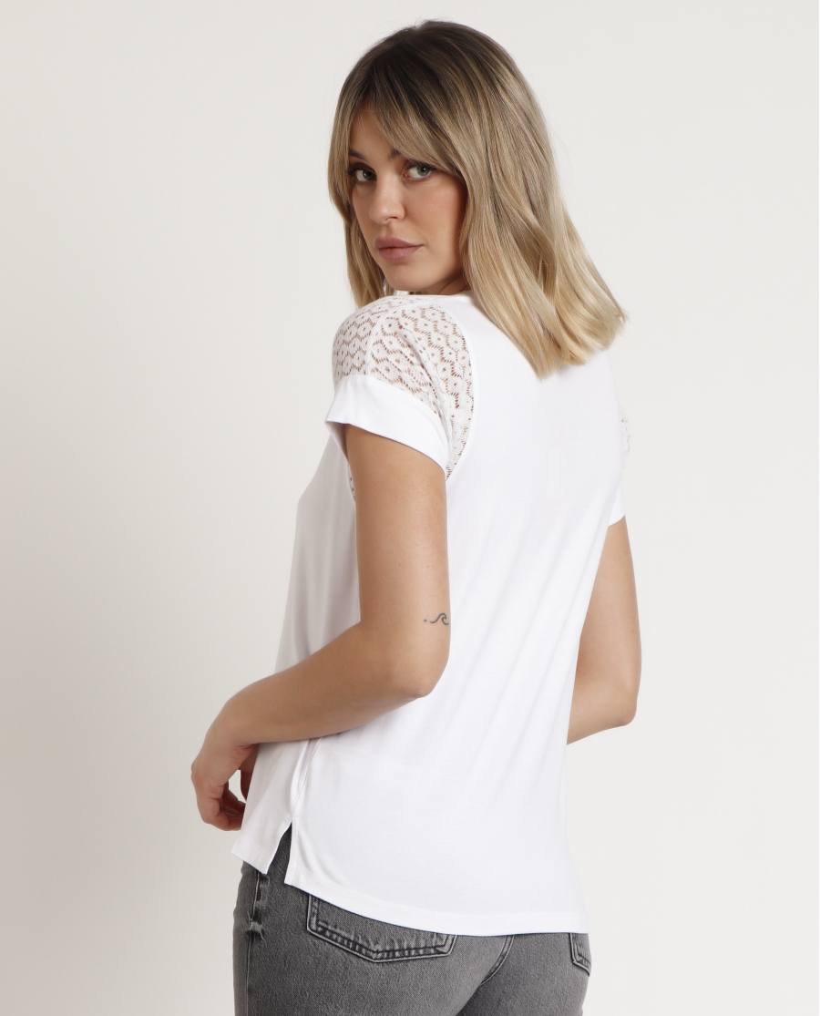 ADMAS Camiseta de Manga Corta Lace para Mujer BLANCO