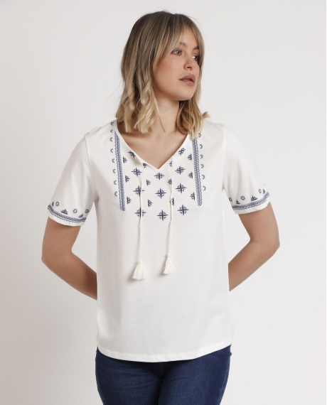 ADMAS Camiseta Manga Corta Cenefas para Mujer CRUDO