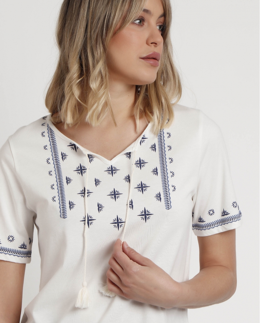 ADMAS Camiseta Manga Corta Cenefas para Mujer CRUDO