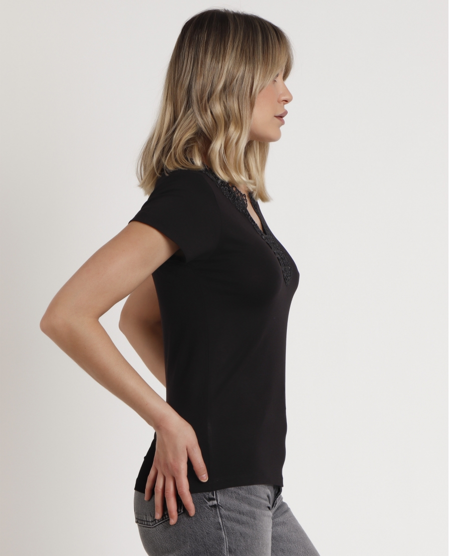 ADMAS Camiseta Manga Corta Guipur para Mujer NEGRO