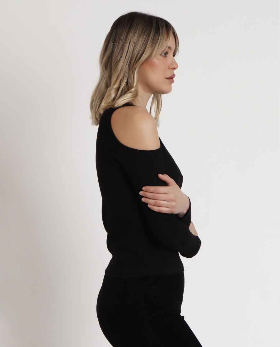 ADMAS Camiseta Manga Larga Hombros Descubiertos para Mujer NEGRO