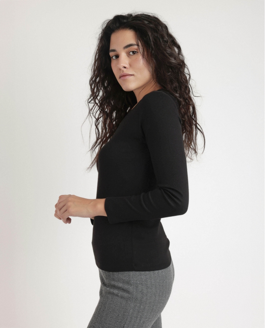 ADMAS Camiseta Manga Larga Cuello Pico para Mujer NEGRO