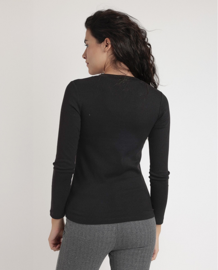 ADMAS Camiseta Manga Larga Cuello Pico para Mujer NEGRO