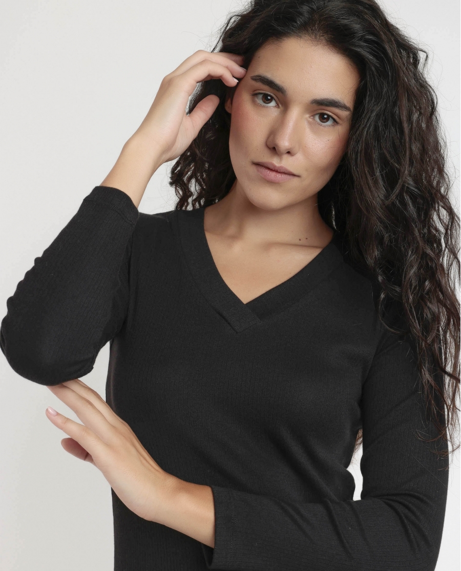 ADMAS Camiseta Manga Larga Cuello Pico para Mujer NEGRO