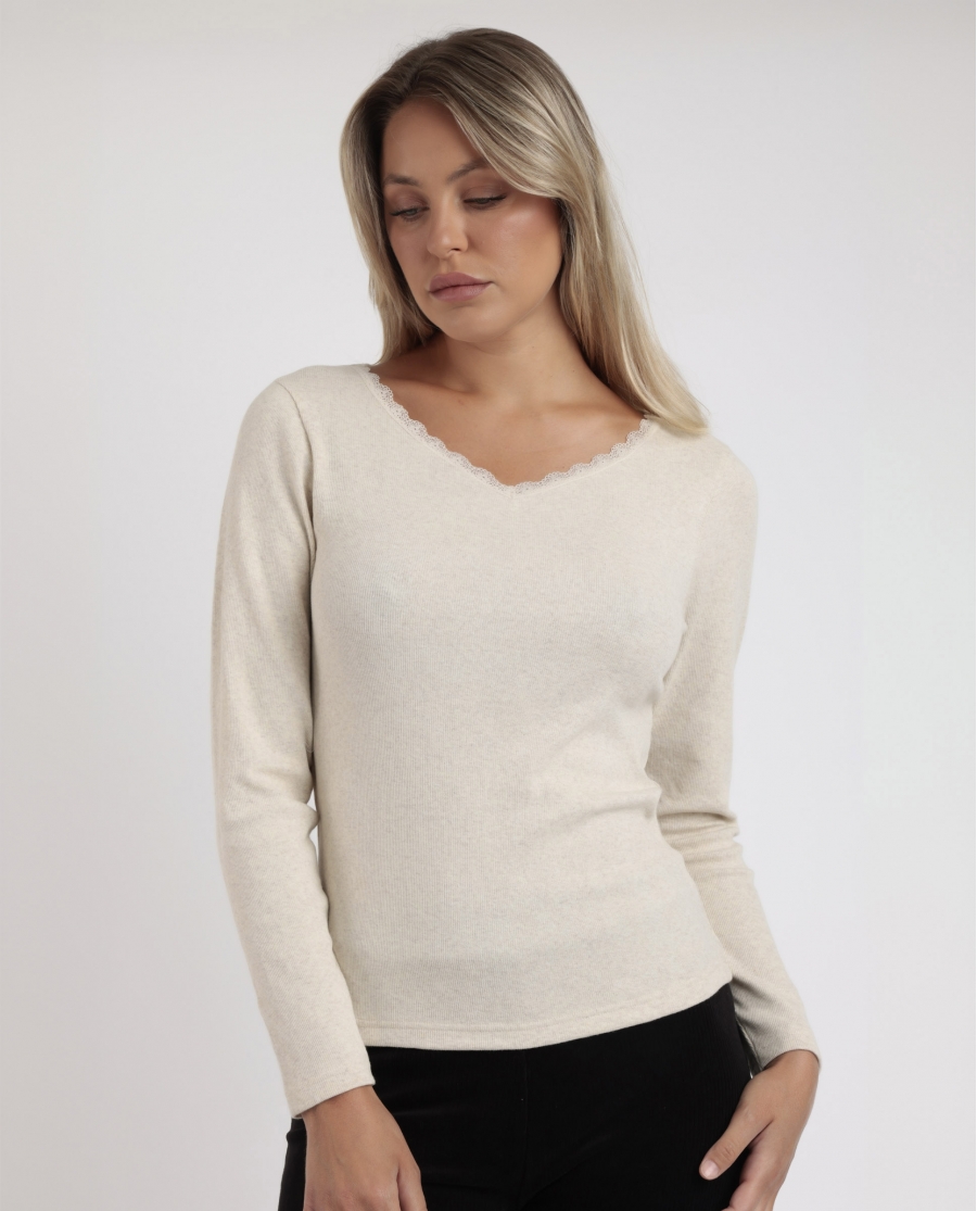 ADMAS Camiseta Manga Larga Romantic Rib para Mujer BEIGE