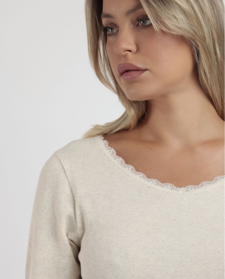 ADMAS Camiseta Manga Larga Romantic Rib para Mujer BEIGE