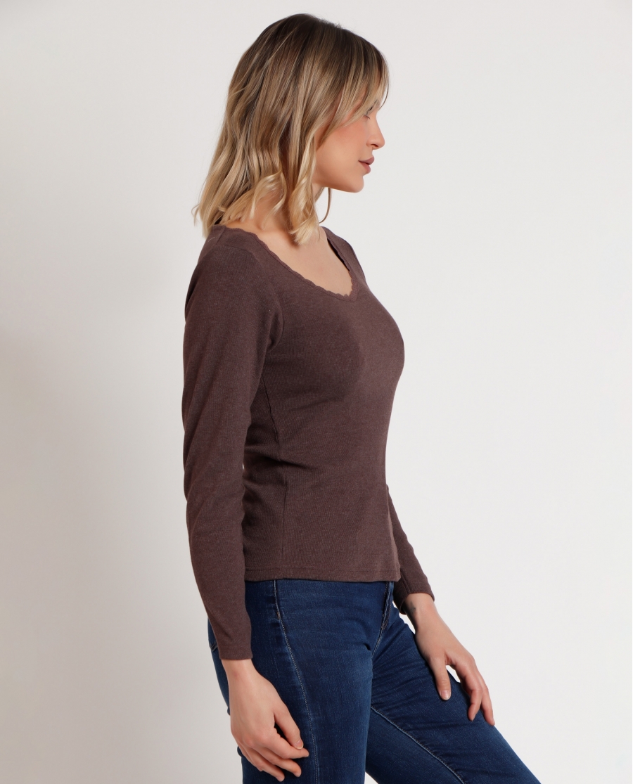 ADMAS Camiseta Manga Larga Romantic Rib para Mujer CHOCOLATE