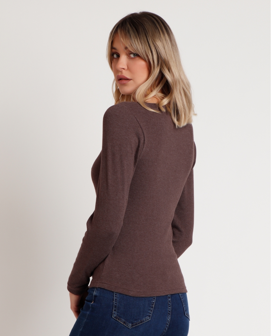 ADMAS Camiseta Manga Larga Romantic Rib para Mujer CHOCOLATE