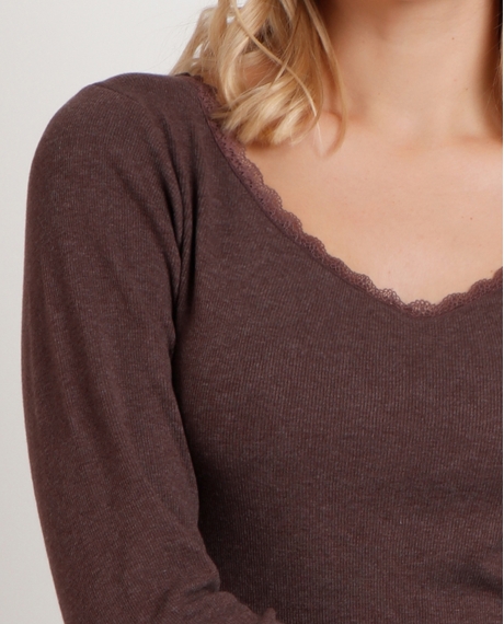 ADMAS Camiseta Manga Larga Romantic Rib para Mujer CHOCOLATE 2