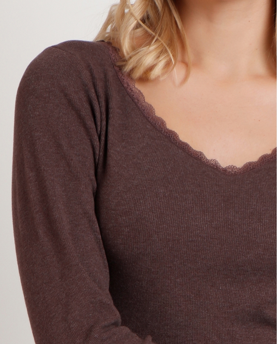 ADMAS Camiseta Manga Larga Romantic Rib para Mujer CHOCOLATE