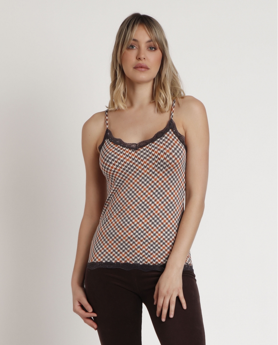 ADMAS Camiseta Tirantes Houndstooth para Mujer CAMEL