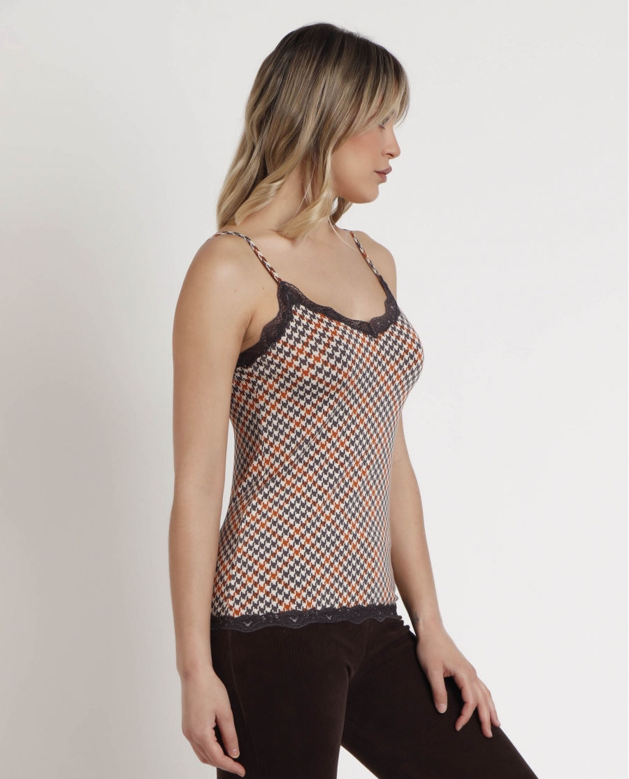 ADMAS Camiseta Tirantes Houndstooth para Mujer CAMEL
