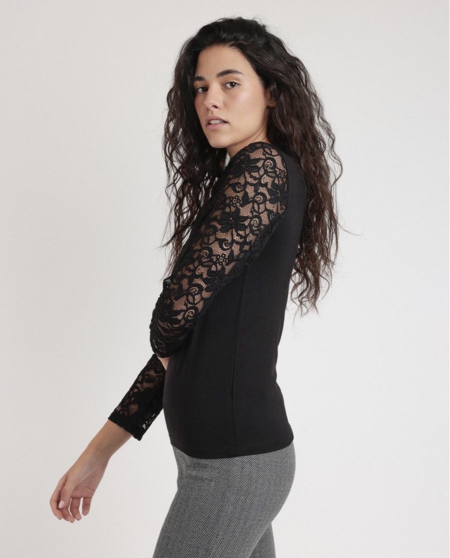 ADMAS Camiseta Manga Larga Lace Piece para Mujer NEGRO