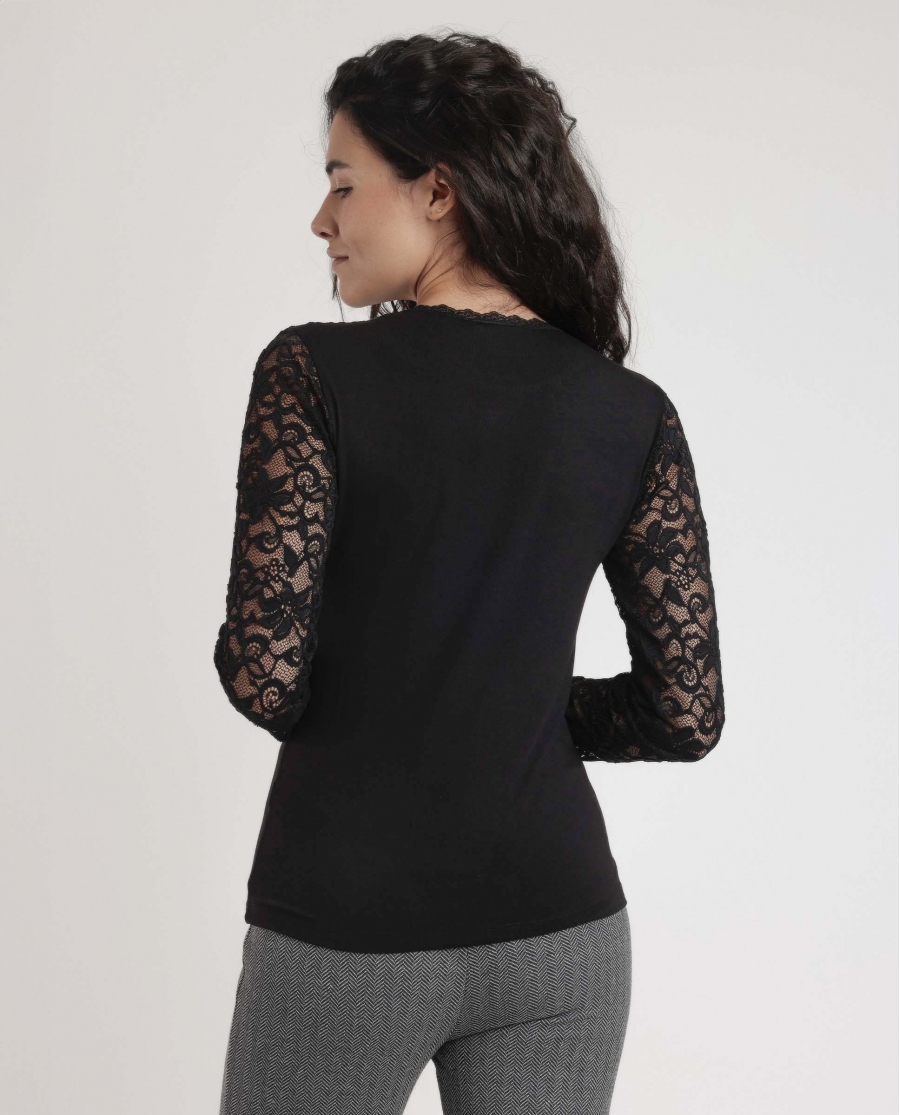 ADMAS Camiseta Manga Larga Lace Piece para Mujer NEGRO