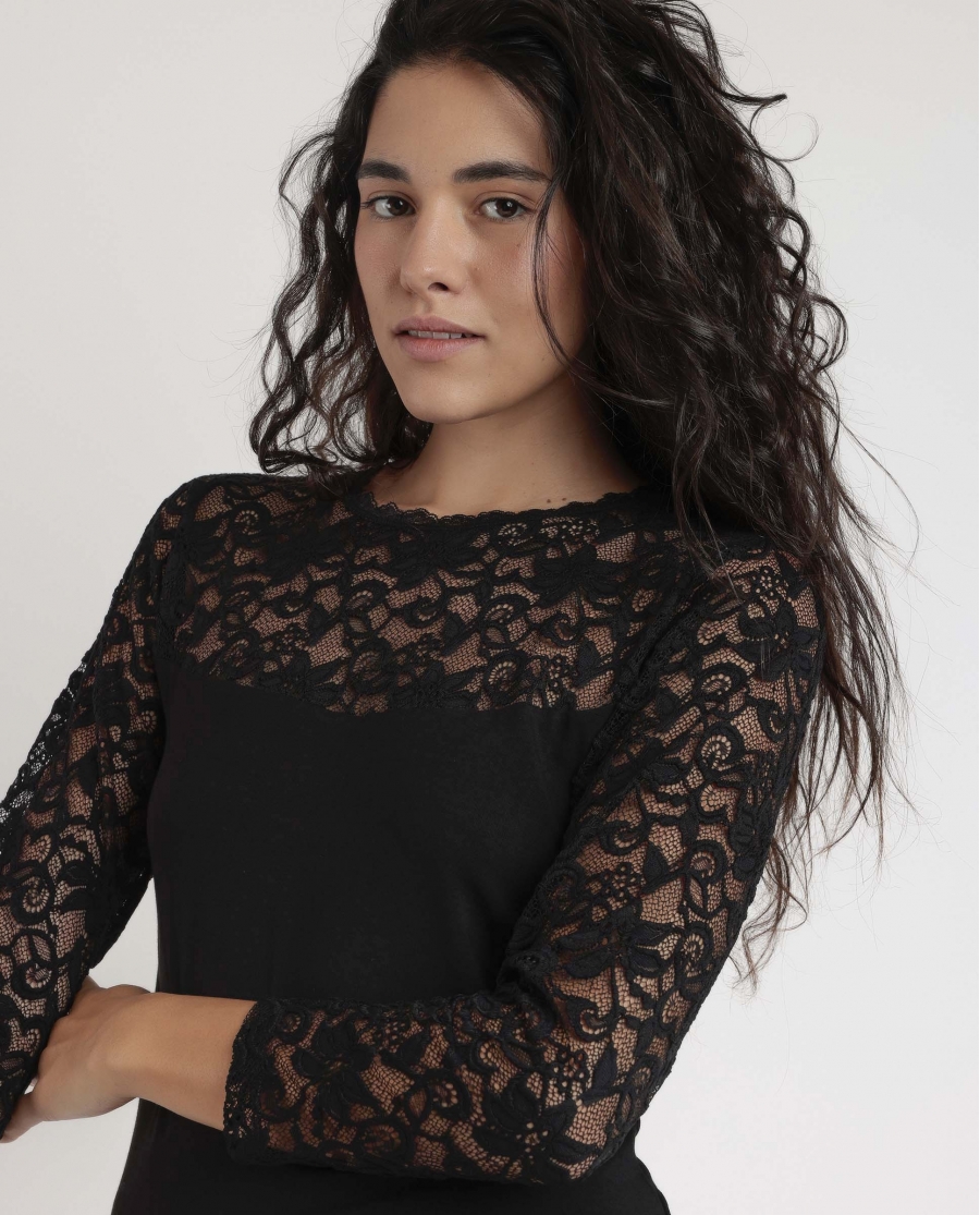 ADMAS Camiseta Manga Larga Lace Piece para Mujer NEGRO