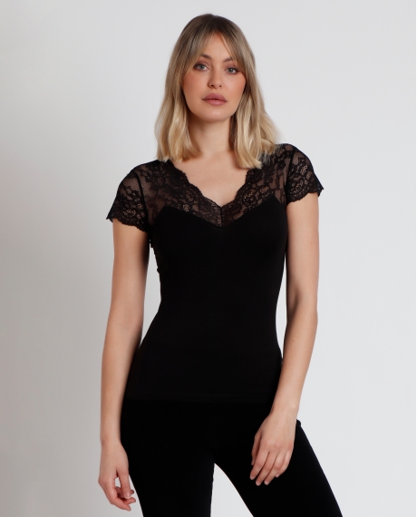 ADMAS Camiseta Manga Corta Puntilla Mangas para Mujer NEGRO