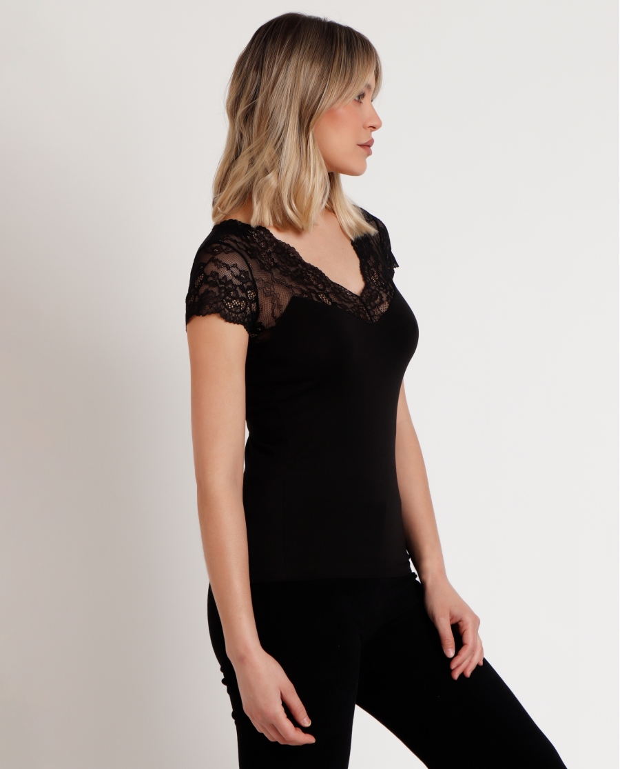 ADMAS Camiseta Manga Corta Puntilla Mangas para Mujer NEGRO