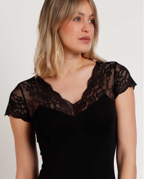 ADMAS Camiseta Manga Corta Puntilla Mangas para Mujer NEGRO 2
