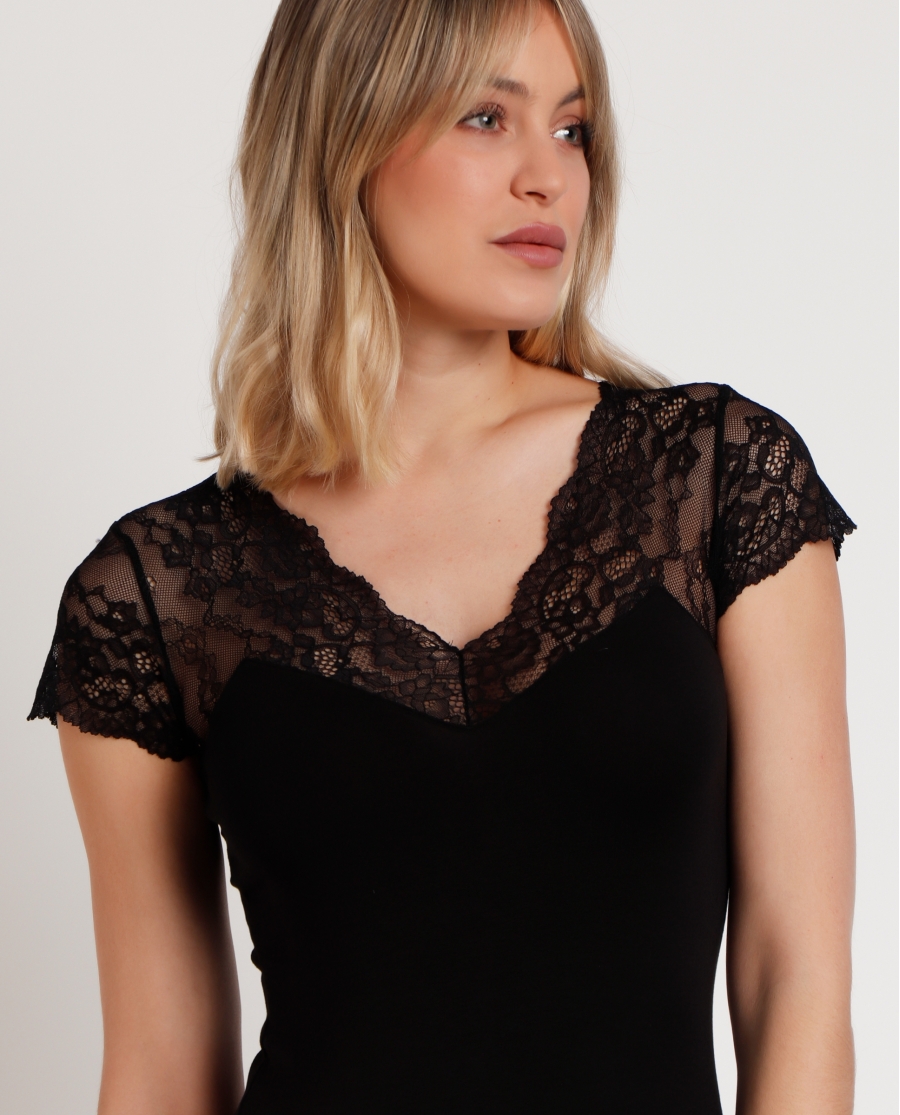 ADMAS Camiseta Manga Corta Puntilla Mangas para Mujer NEGRO
