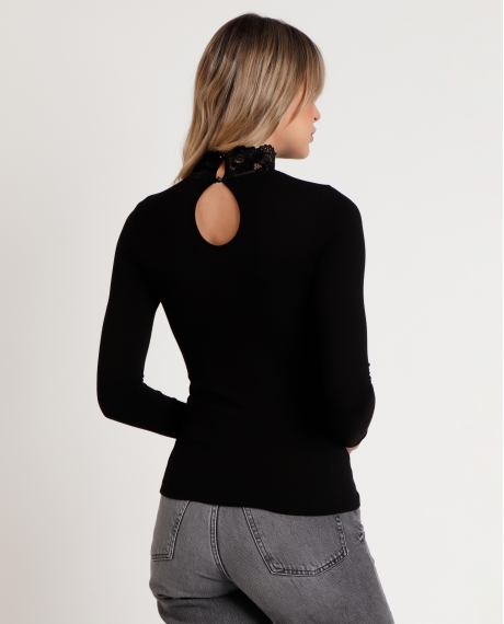 ADMAS Camiseta Manga Larga Puntilla Cuello Alto para Mujer NEGRO 2