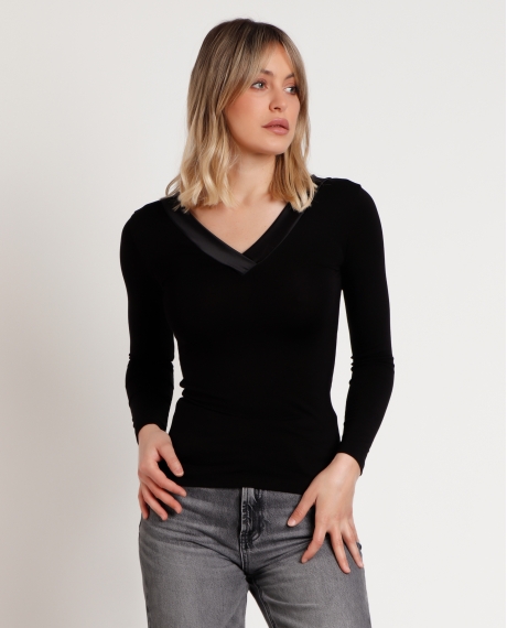 ADMAS Camiseta Manga Larga Pico Raso Ancho para Mujer NEGRO