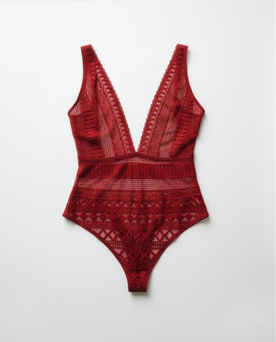 ADMAS Body de Encaje con Escote en V Profundo y Espalda Abierta para Mujer ROJO