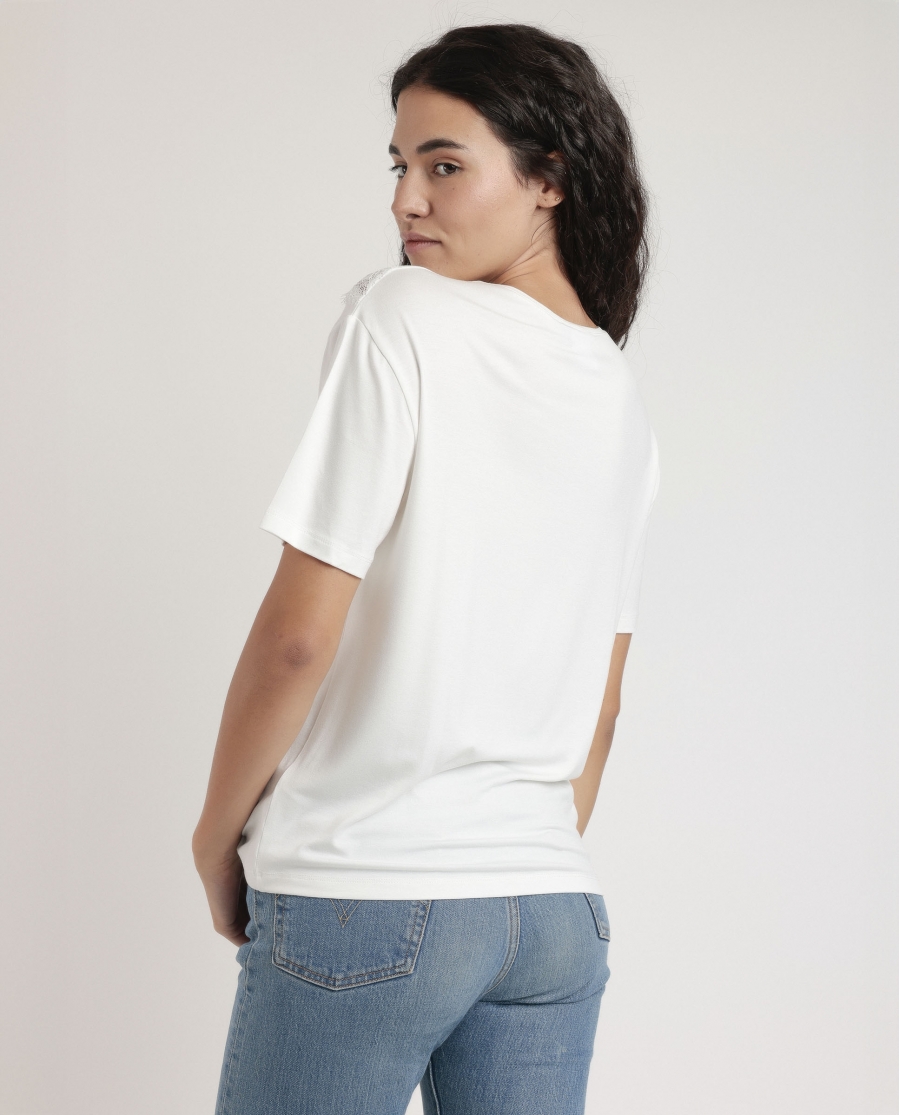 ADMAS Camiseta Manga Corta Chest Lace para Mujer CRUDO