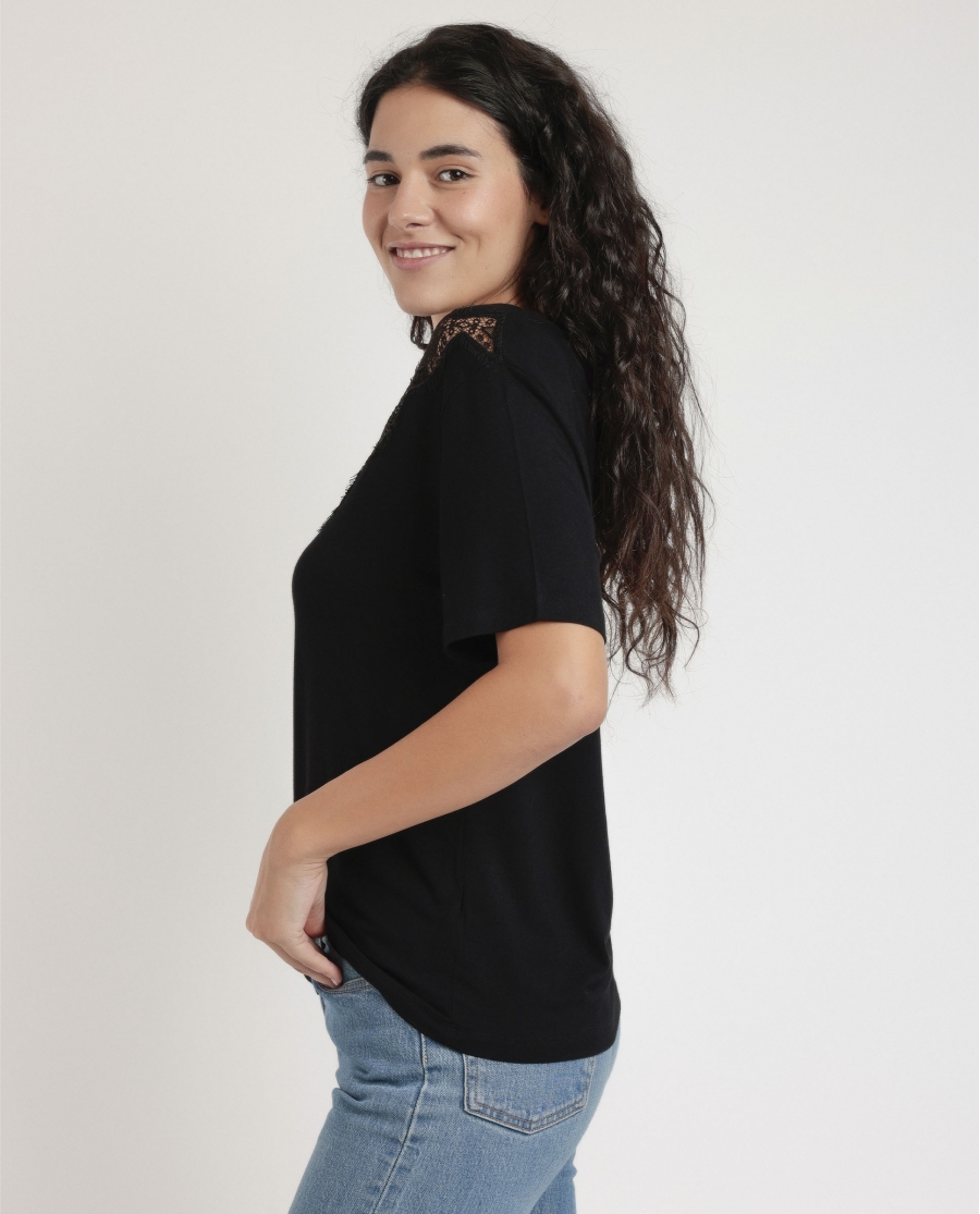 ADMAS Camiseta Manga Corta Chest Lace para Mujer NEGRO