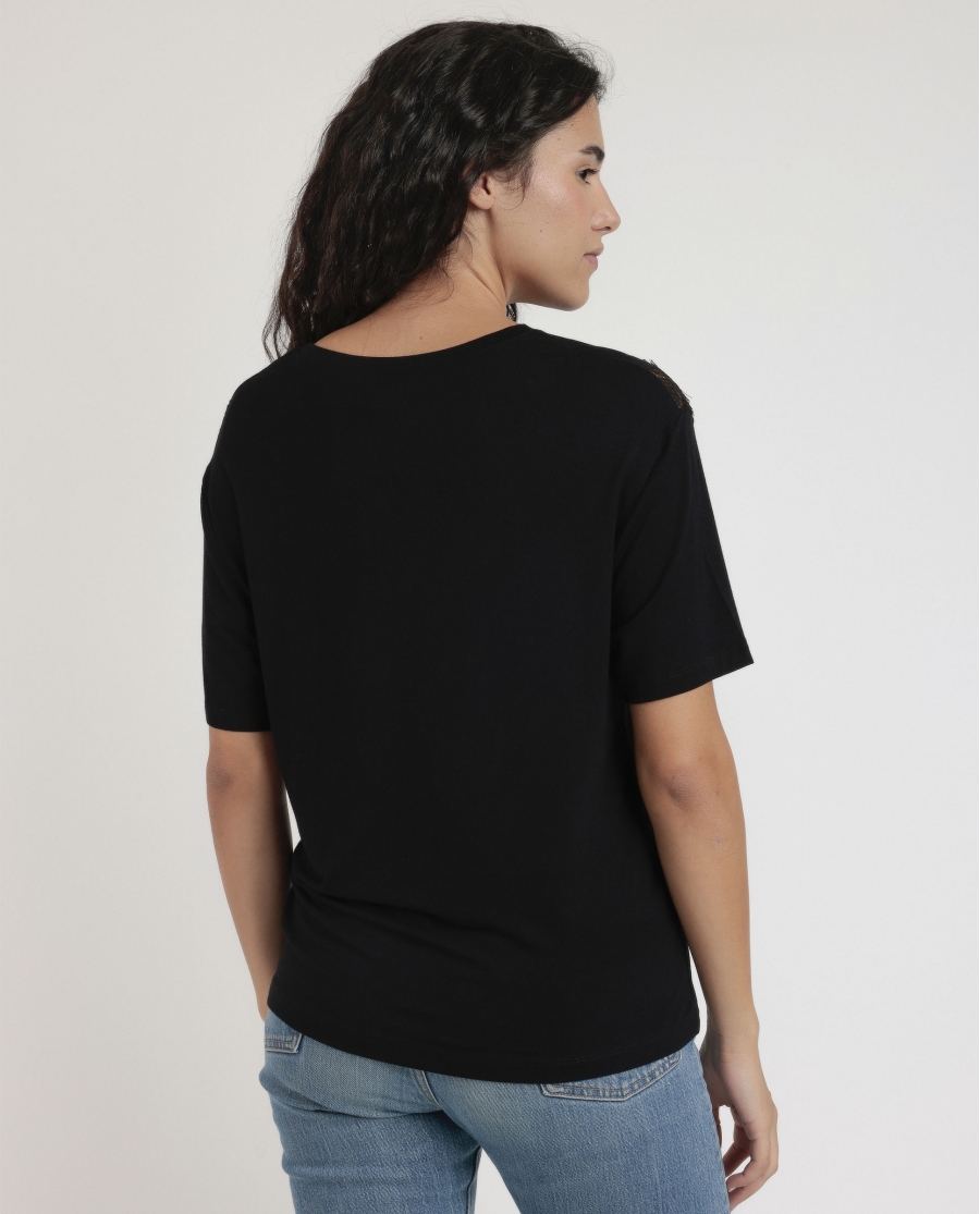 ADMAS Camiseta Manga Corta Chest Lace para Mujer NEGRO