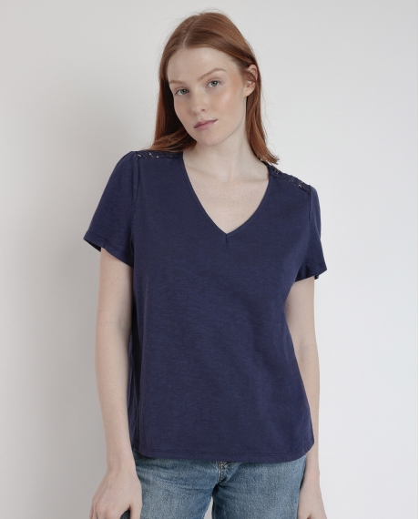 ADMAS Camiseta Manga Corta Slub Guipur para Mujer AZUL