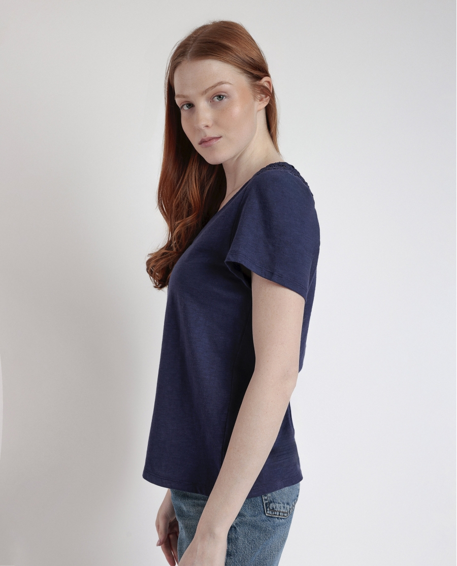 ADMAS Camiseta Manga Corta Slub Guipur para Mujer AZUL