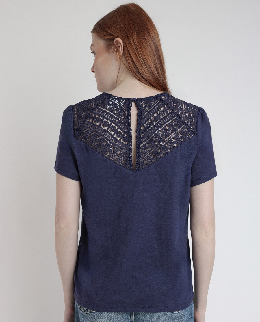 ADMAS Camiseta Manga Corta Slub Guipur para Mujer AZUL