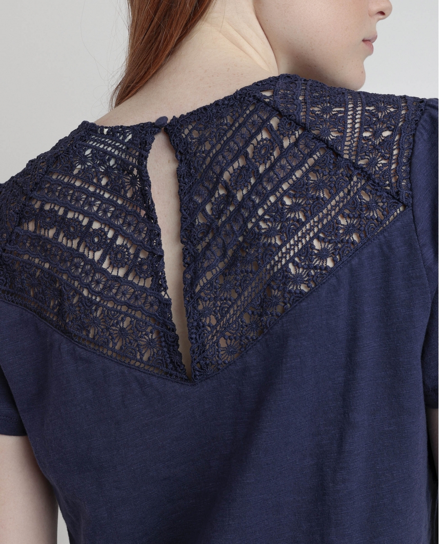 ADMAS Camiseta Manga Corta Slub Guipur para Mujer AZUL