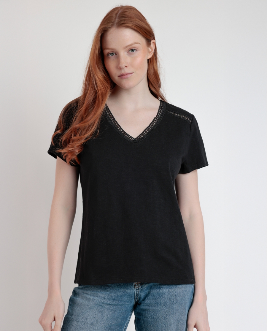 ADMAS Camiseta Manga Corta Slub Entredos para Mujer NEGRO