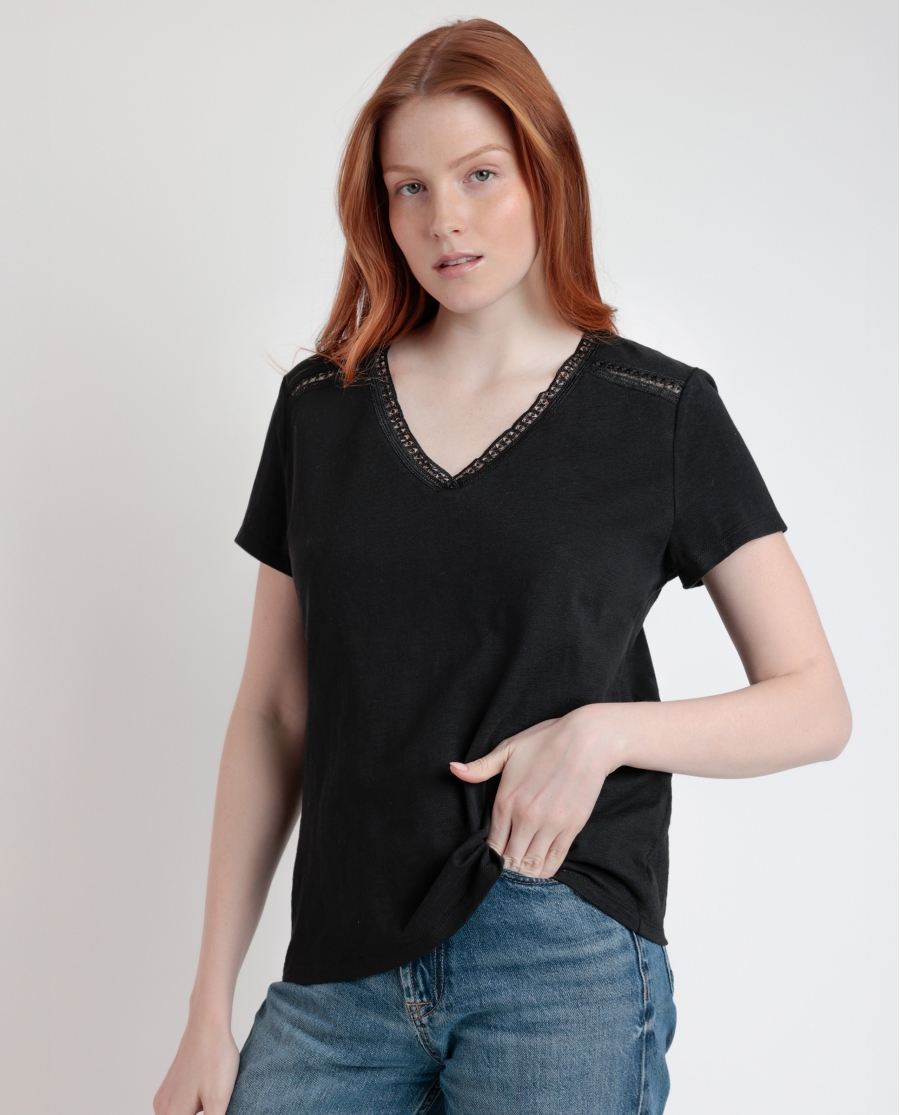 ADMAS Camiseta Manga Corta Slub Entredos para Mujer NEGRO