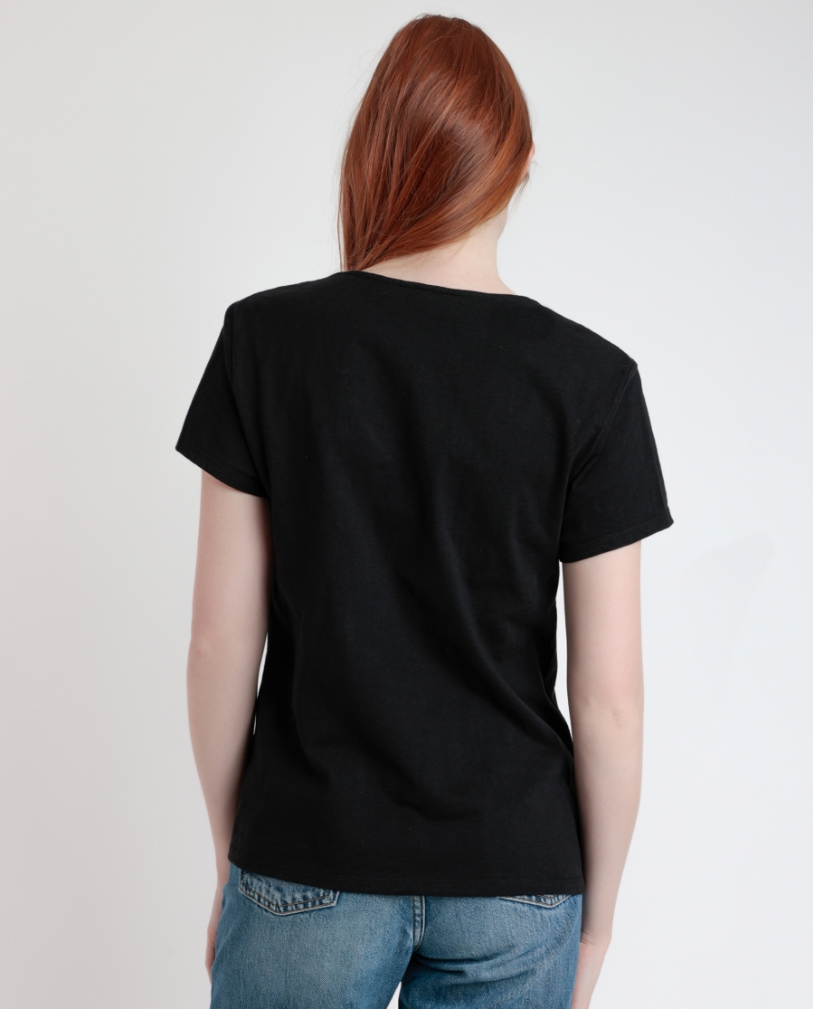 ADMAS Camiseta Manga Corta Slub Entredos para Mujer NEGRO