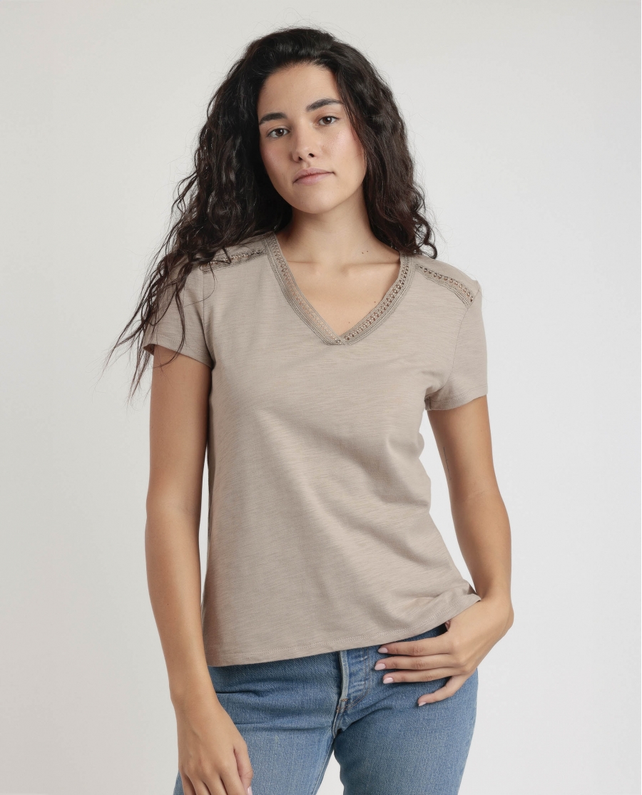 ADMAS Camiseta Manga Corta Slub Entredos para Mujer ARENA