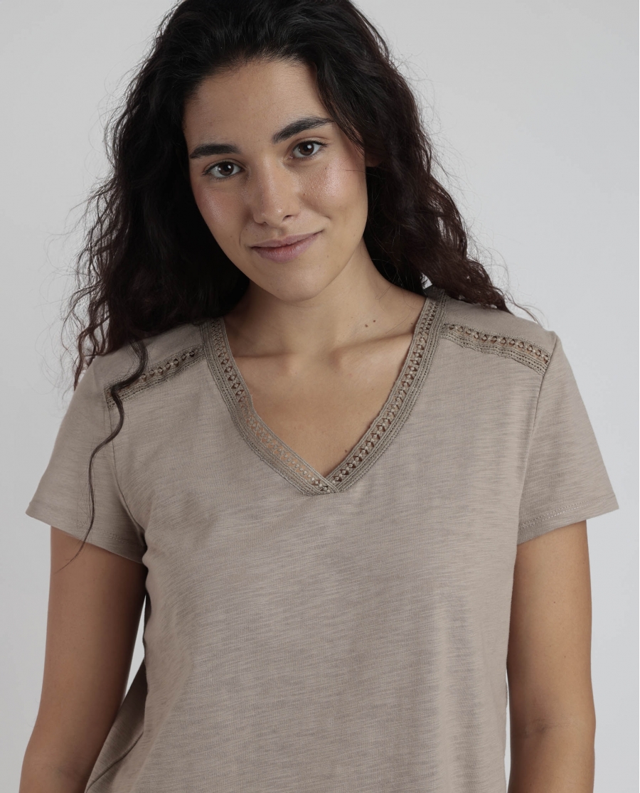 ADMAS Camiseta Manga Corta Slub Entredos para Mujer ARENA