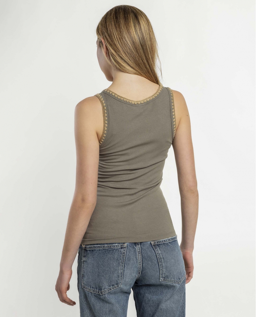ADMAS Camiseta Sin Mangas Canalé Hilo Contraste para Mujer CAQUI