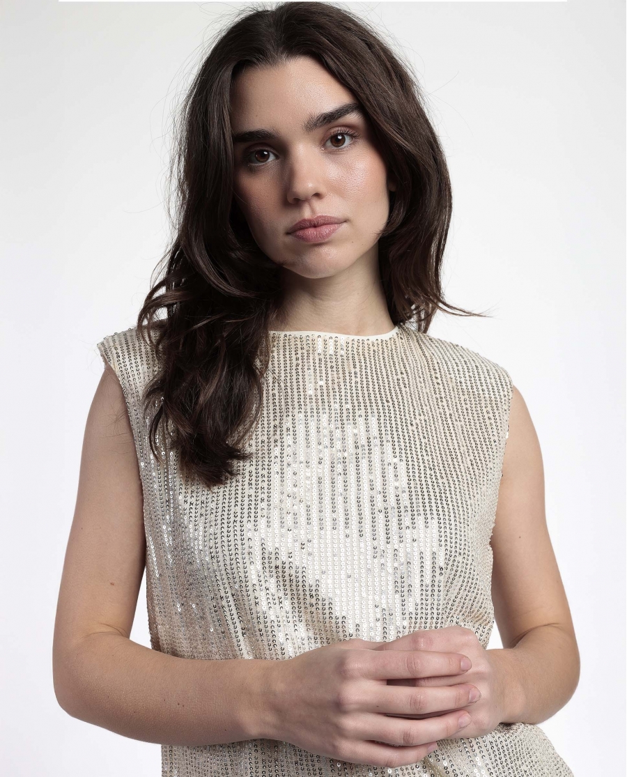 ADMAS Camiseta Hombreras Lentejuelas para Mujer CAVA