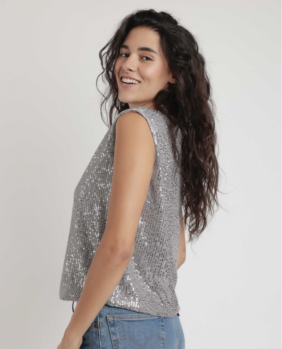 ADMAS Camiseta Hombreras Lentejuelas para Mujer PERLA