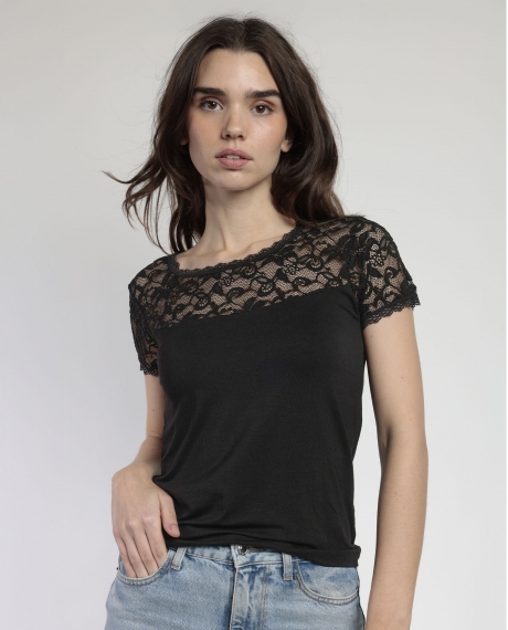 ADMAS Camiseta Manga Corta Lace Piece para Mujer NEGRO