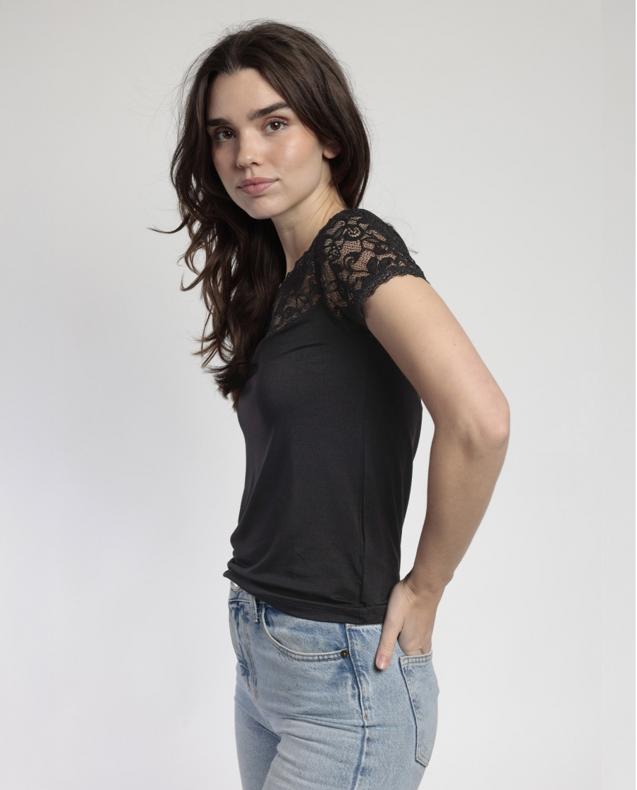 ADMAS Camiseta Manga Corta Lace Piece para Mujer NEGRO