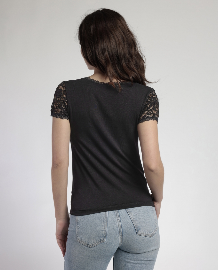 ADMAS Camiseta Manga Corta Lace Piece para Mujer NEGRO