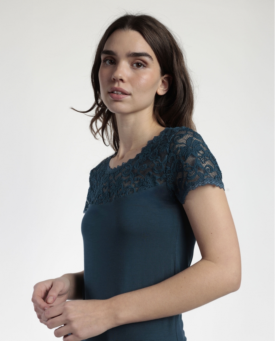 ADMAS Camiseta Manga Corta Lace Piece para Mujer OCEANO