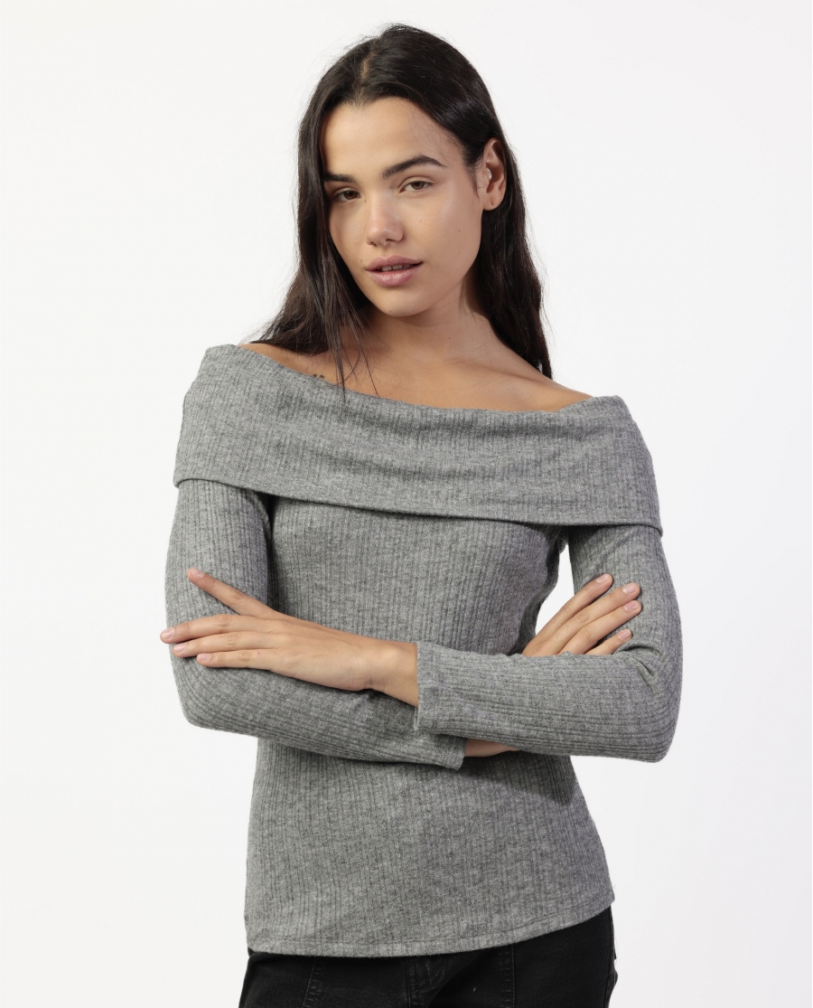 ADMAS Camiseta Manga Larga Bandeau Melange para Mujer GRIS JASPE