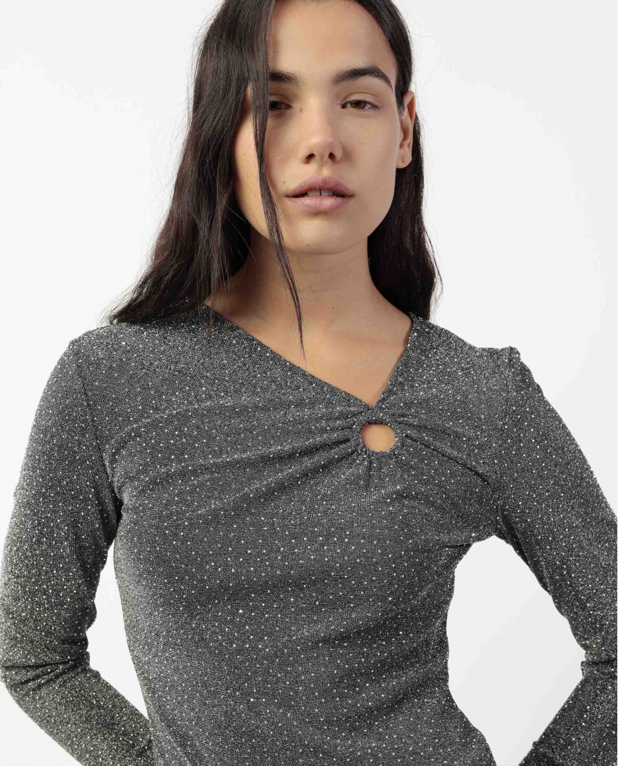 ADMAS Camiseta Asimétrica Manga Larga Gemstones para Mujer PLATA